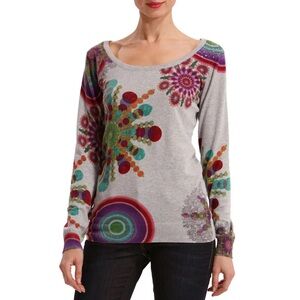 Desigual women’s Grey Multicolor Mandala Floral Long Sleeve Scoop Neck Top S